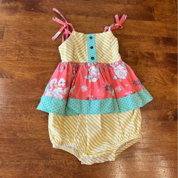Ricrac & Ruffles yellow striped coral floral bubble size 24 months 2T - Picture 1 of 3